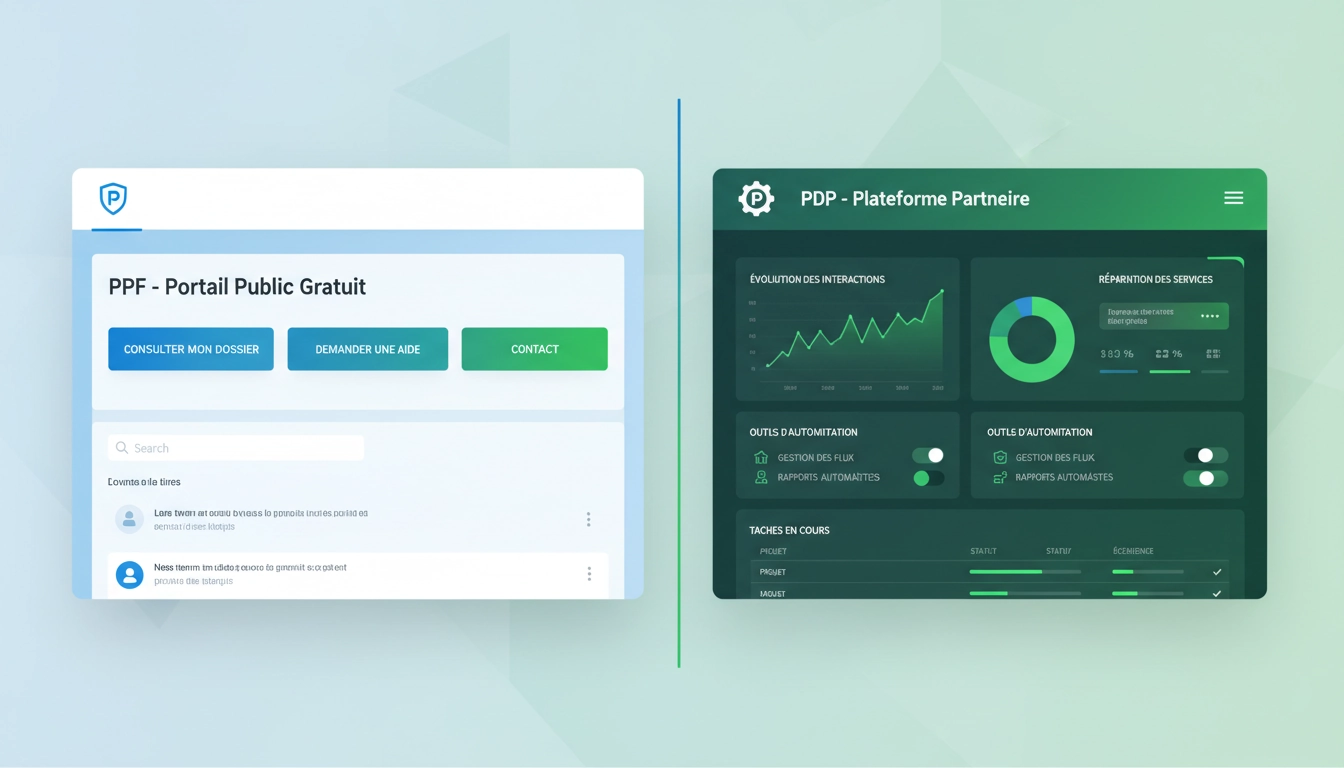 Comparaison visuelle des interfaces du portail public de facturation PPF et de la plateforme de dématérialisation partenaire PDP illustrant la différence entre portail public de facturation et plateforme de dématérialisation partenaire