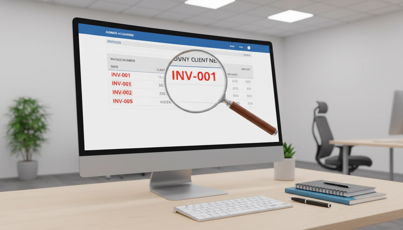 Illustration d'un ordinateur affichant que faire en cas de doublon de numéro de facture dans un logiciel comptable avec les doublons en surbrillance