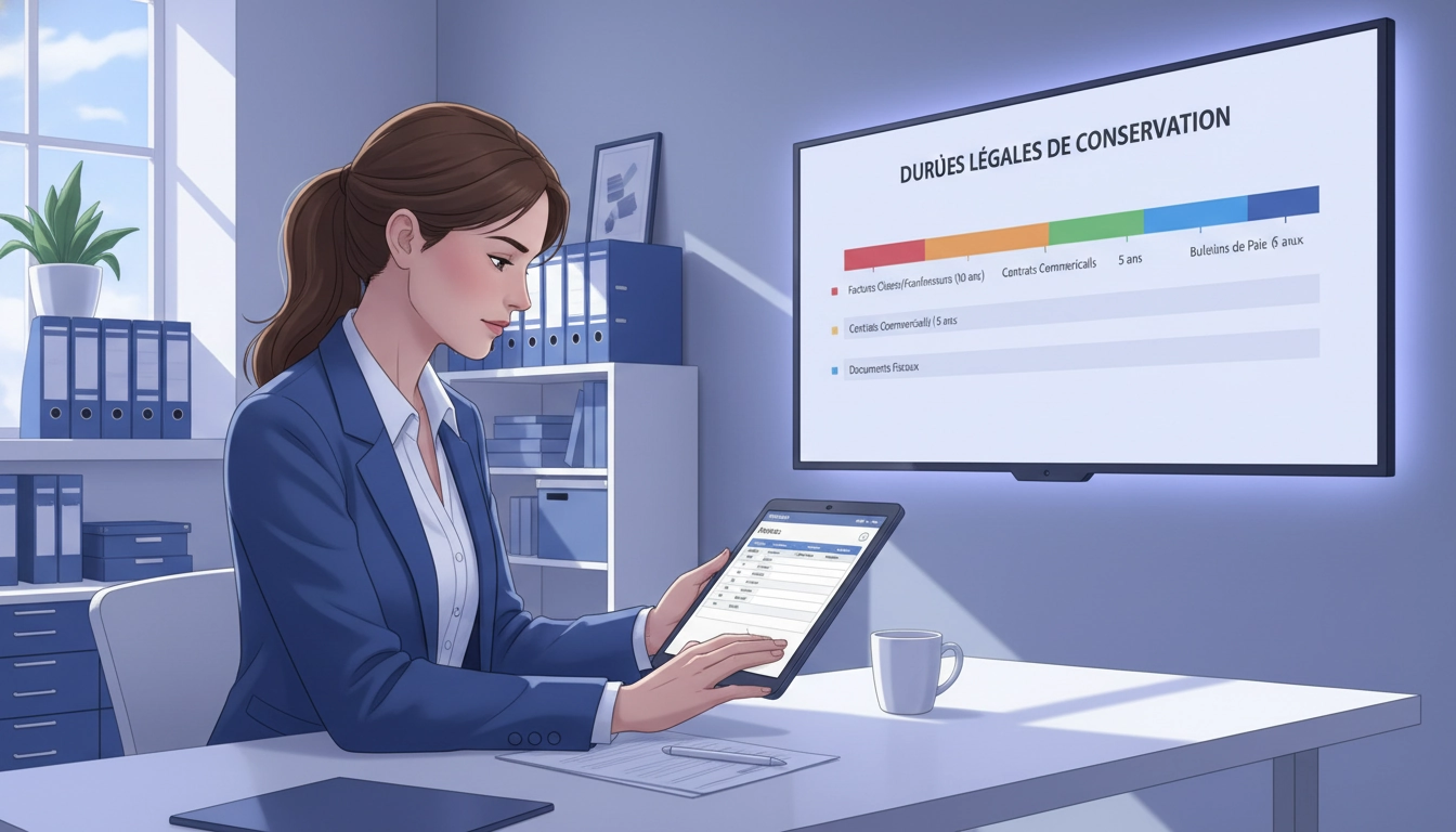Comptable analysant les délais légaux de conservation des documents comptables pour une TPE française