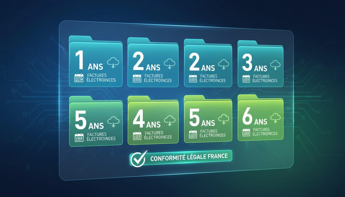 Image montrant la durée légale de conservation des factures électroniques sur une période de 6 ans avec un système d'archivage numérique
