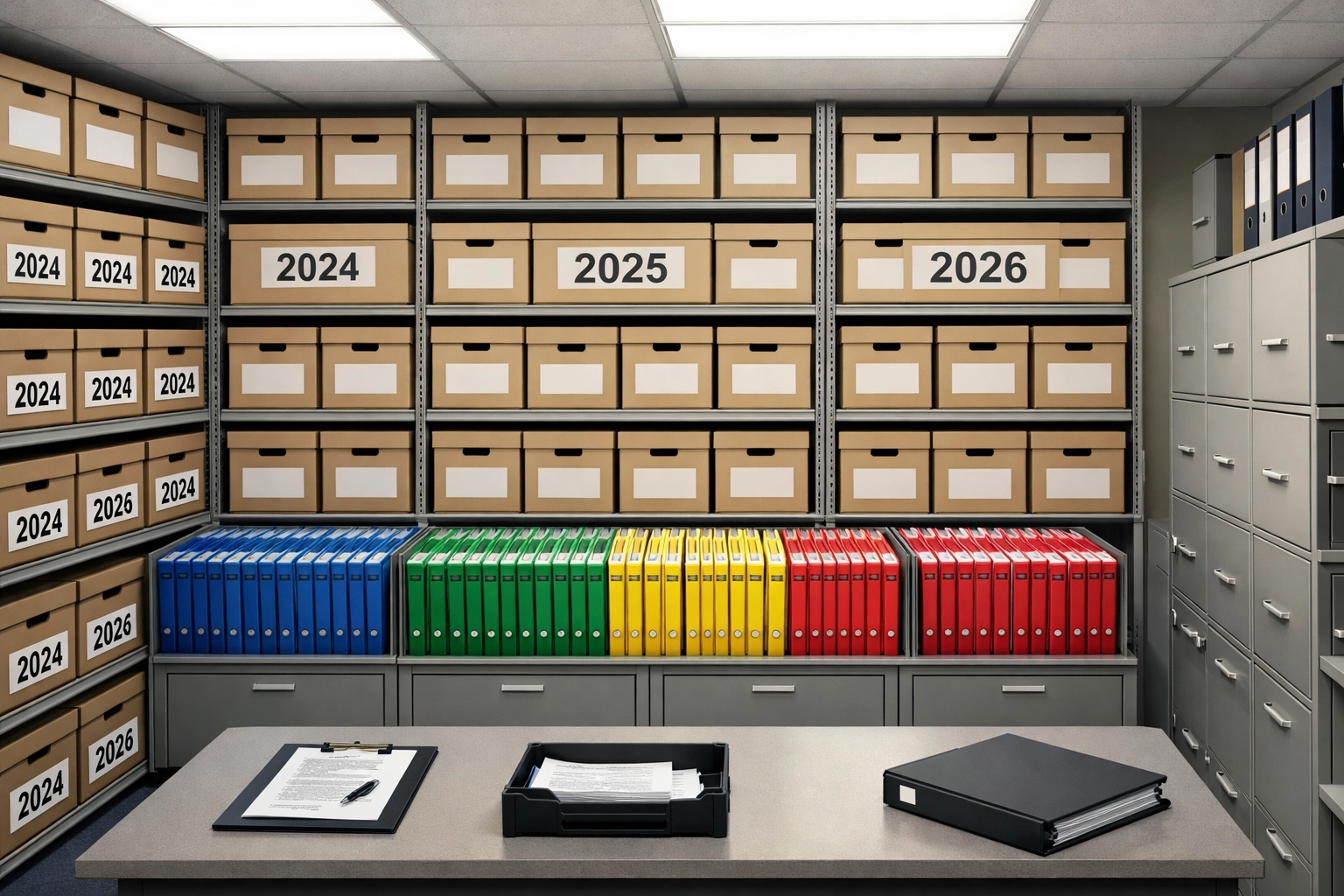 Système d'archivage professionnel organisé montrant la durée légale conservation archivage papier factures fournisseurs avec des boîtes étiquetées par année