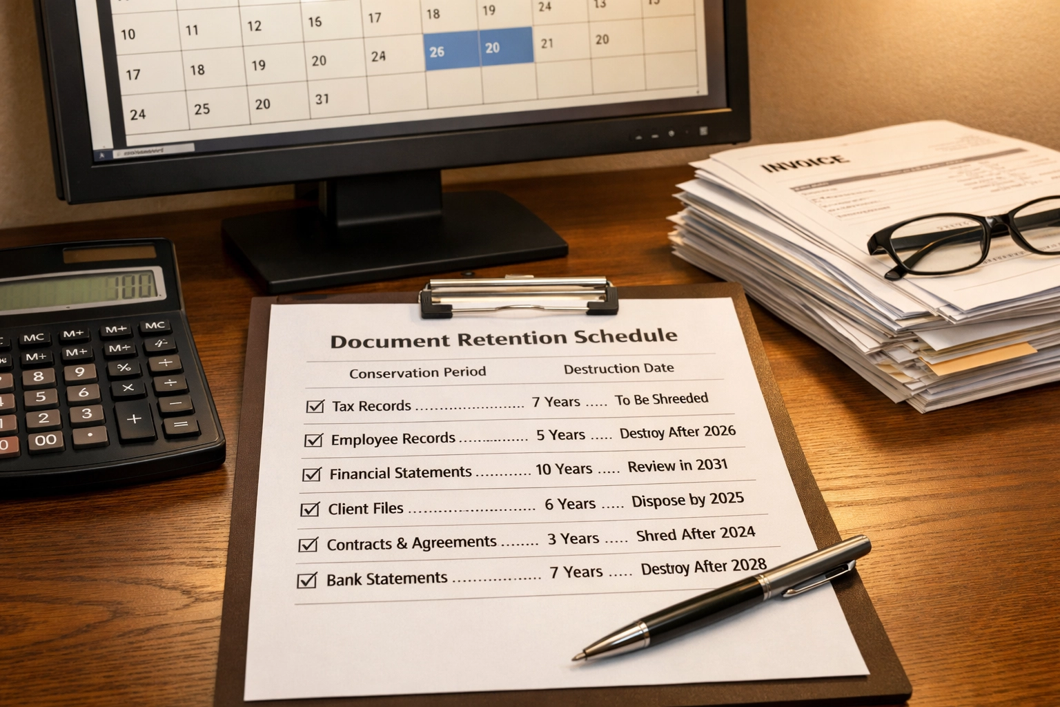 Espace de travail comptable avec factures, calendrier et liste de vérification pour la gestion de la durée légale de conservation