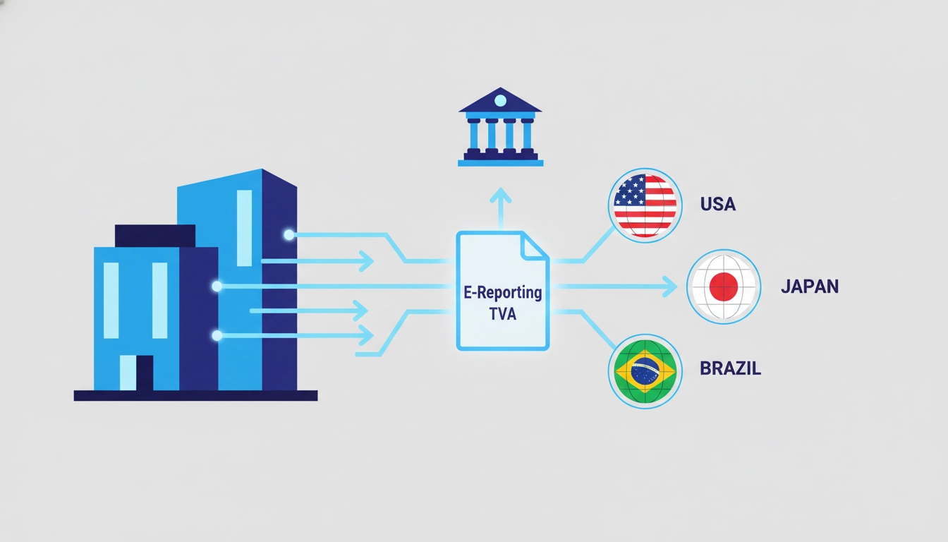 Schéma illustrant l'e-reporting TVA pour les transactions internationales hors UE entre une entreprise française et ses clients export