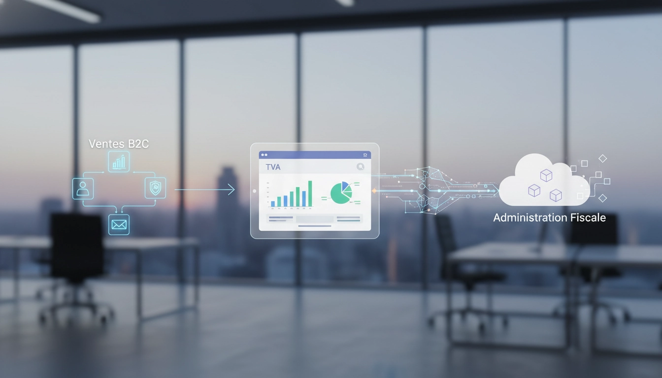 Entrepreneur utilisant un logiciel pour l'e-reporting TVA ventes particuliers démystification sur son ordinateur