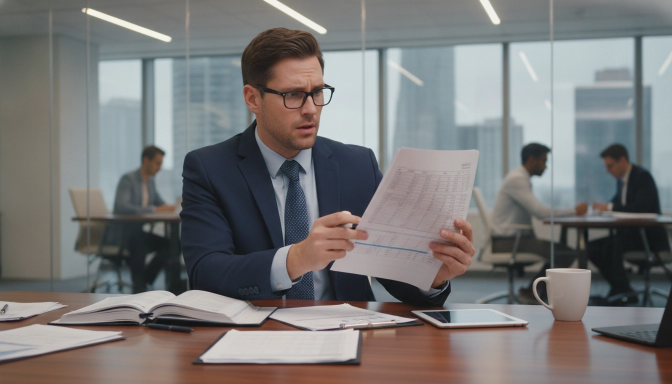 Un professionnel vérifiant une erreur taux TVA réduit facture conséquences redressement fiscal dans ses dossiers.