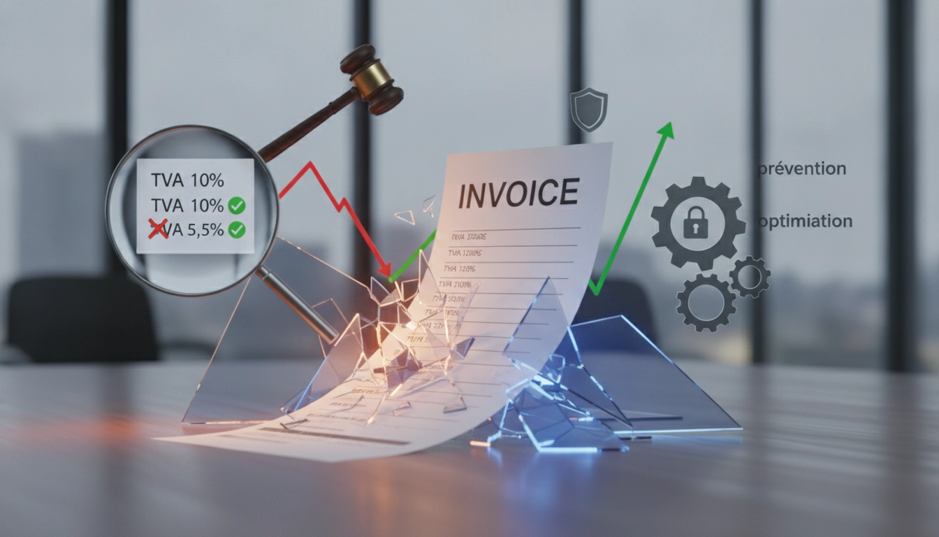 Un comptable analysant les conséquences d'une erreur taux TVA réduit facture conséquences redressement fiscal sur un ordinateur