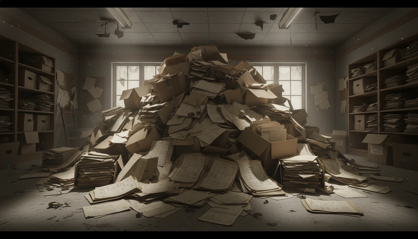 Une salle d'archives débordant de vieux dossiers comptables non détruits, une erreur dangereuse pour la confidentialité.