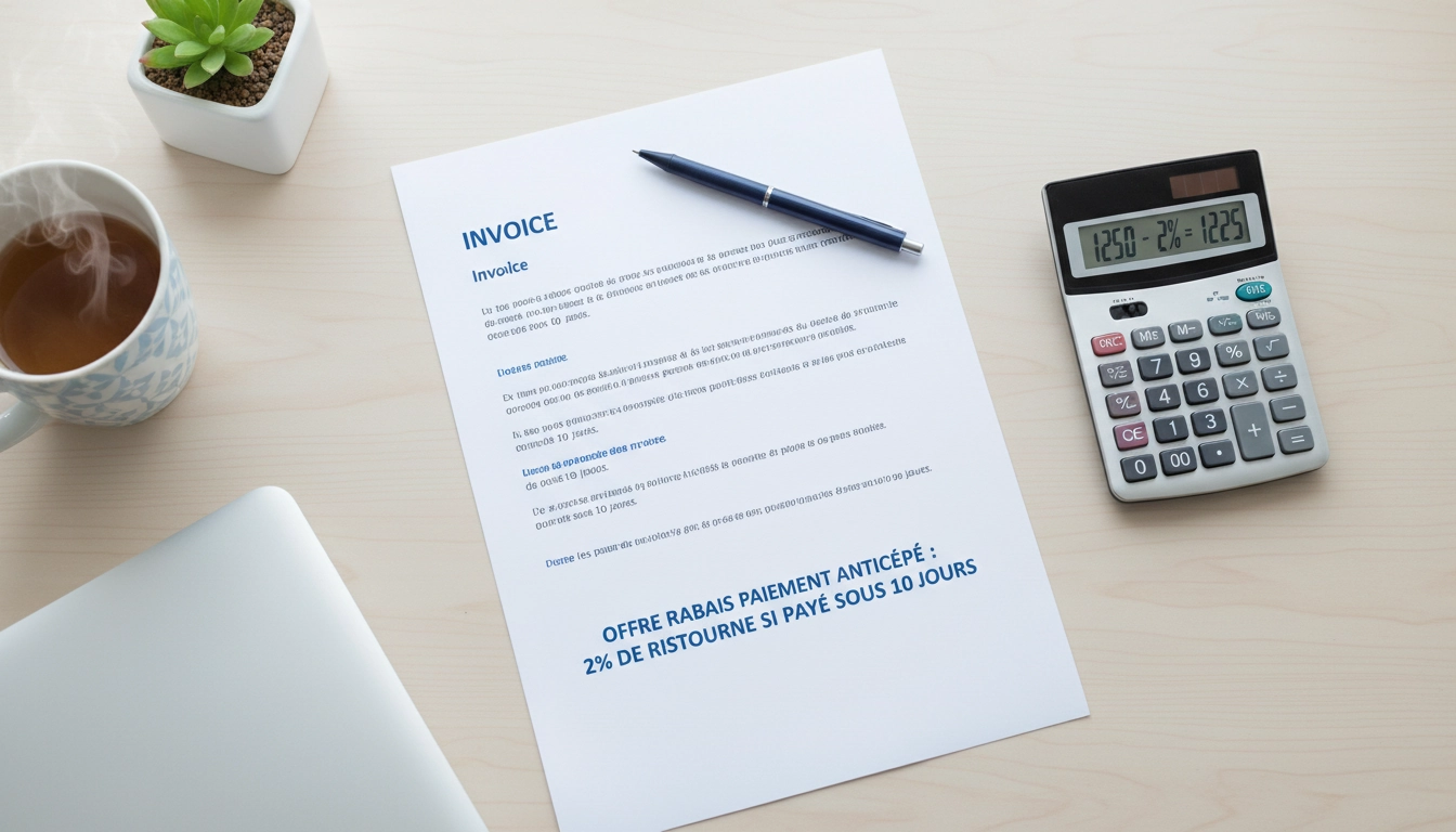 Facture professionnelle avec mention d'un escompte pour paiement anticipé posée sur un bureau d'entreprise moderne