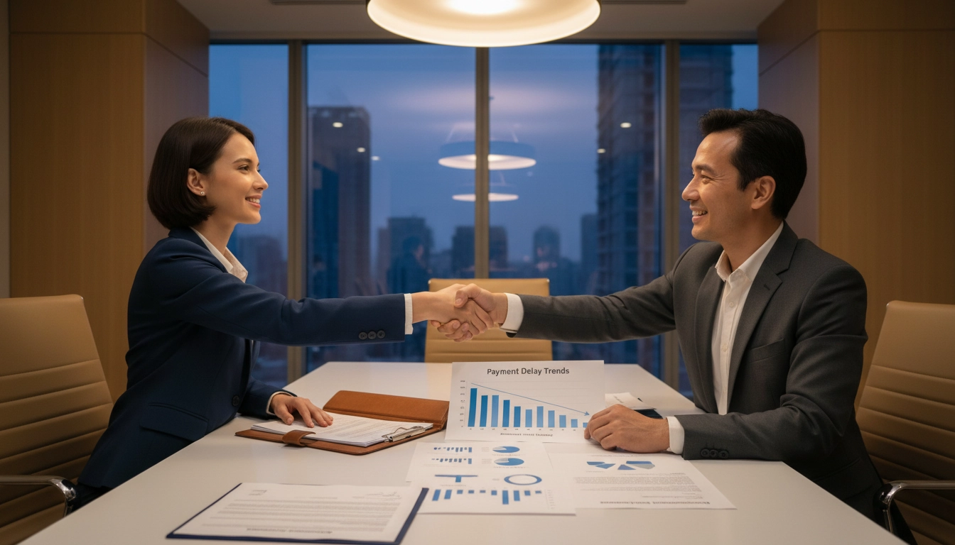 Deux dirigeants d'entreprise négociant les conditions d'un escompte pour paiement anticipé lors d'une réunion commerciale