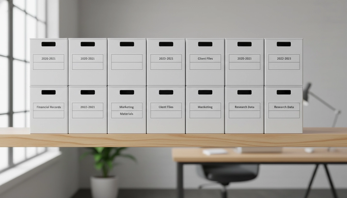 Exemple parfait d'étiquetage boîtes archives factures papier fin d'année comptable pour une organisation optimale