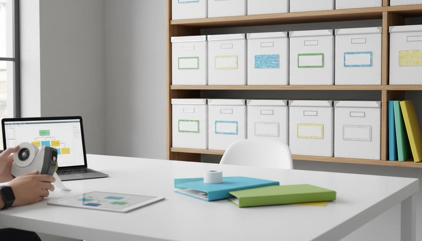 Organisation et étiquetage boîtes archives factures papier fin d'année comptable sur une étagère de bureau professionnelle