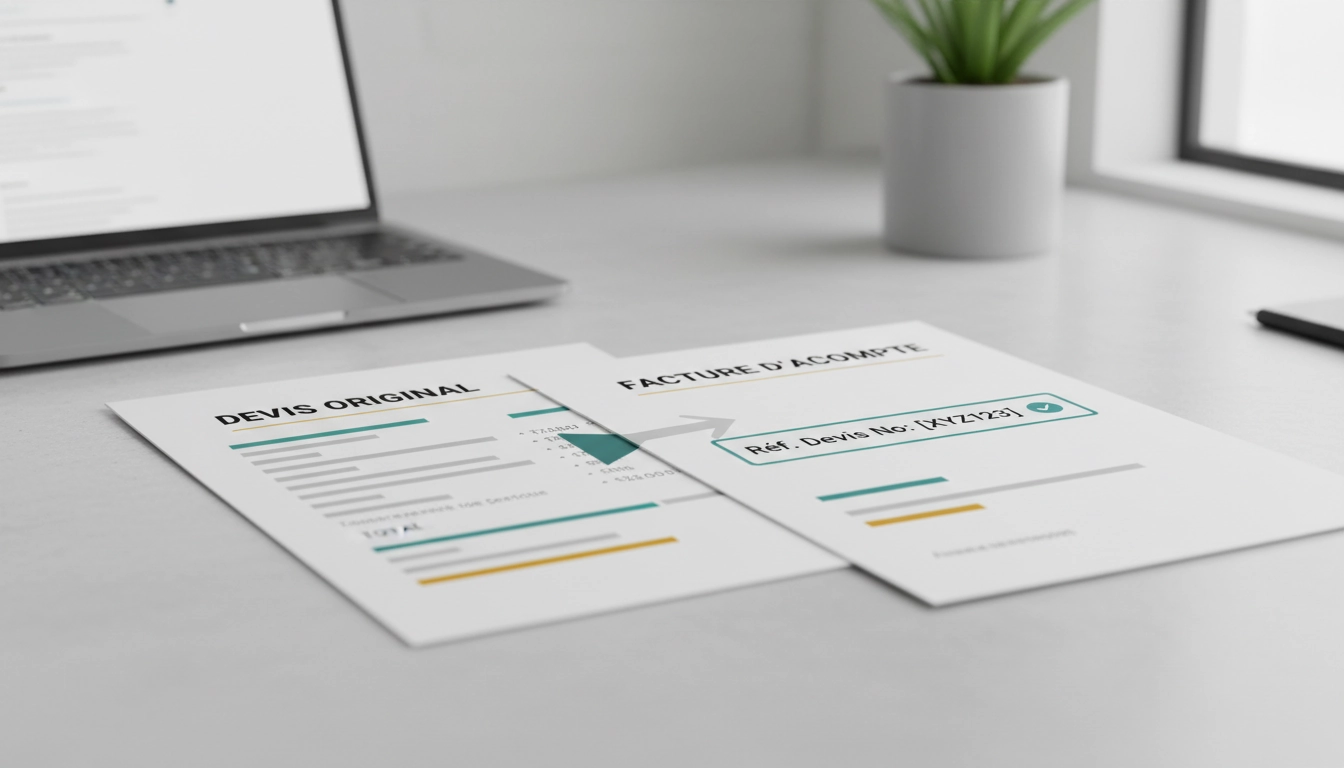 Un entrepreneur rédigeant une facture d'acompte sur son ordinateur avec le devis original à côté pour vérifier les références.