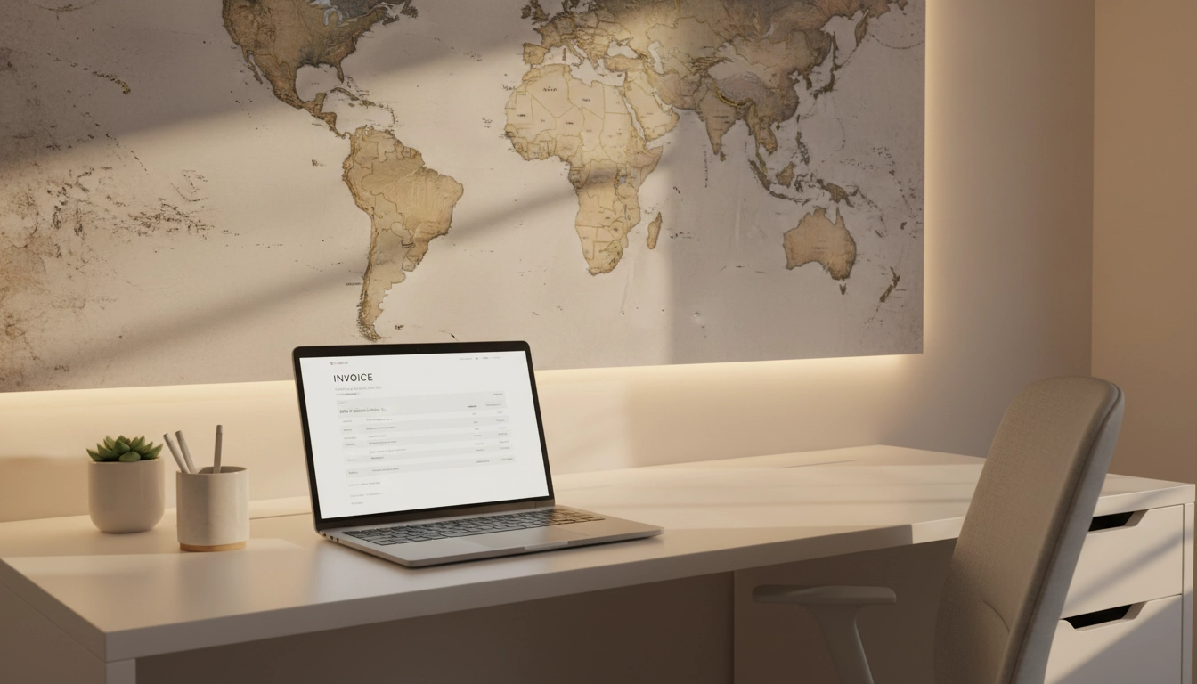 Bureau professionnel préparant une facture auto-entrepreneur client étranger mentions spécifiques TVA avec rigueur.