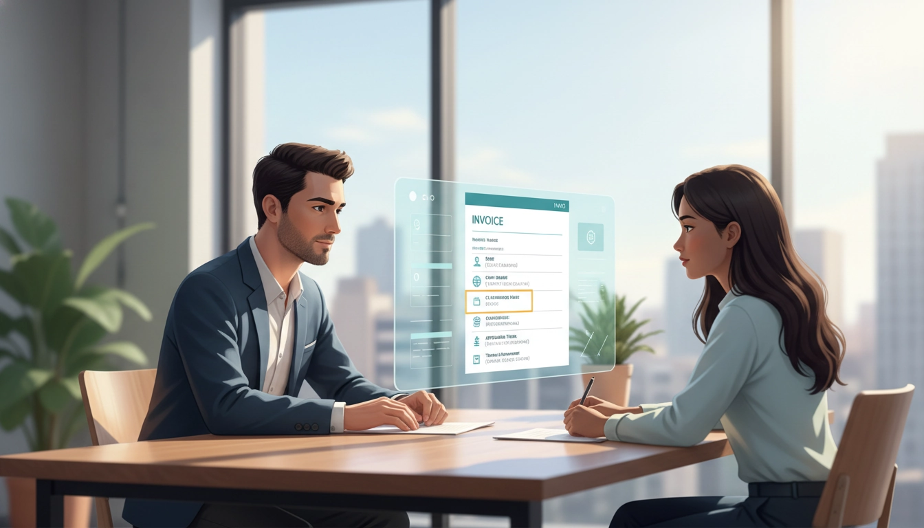 Un entrepreneur organise ses documents pour une facture auto-entrepreneur client étranger mentions spécifiques TVA sur son bureau.