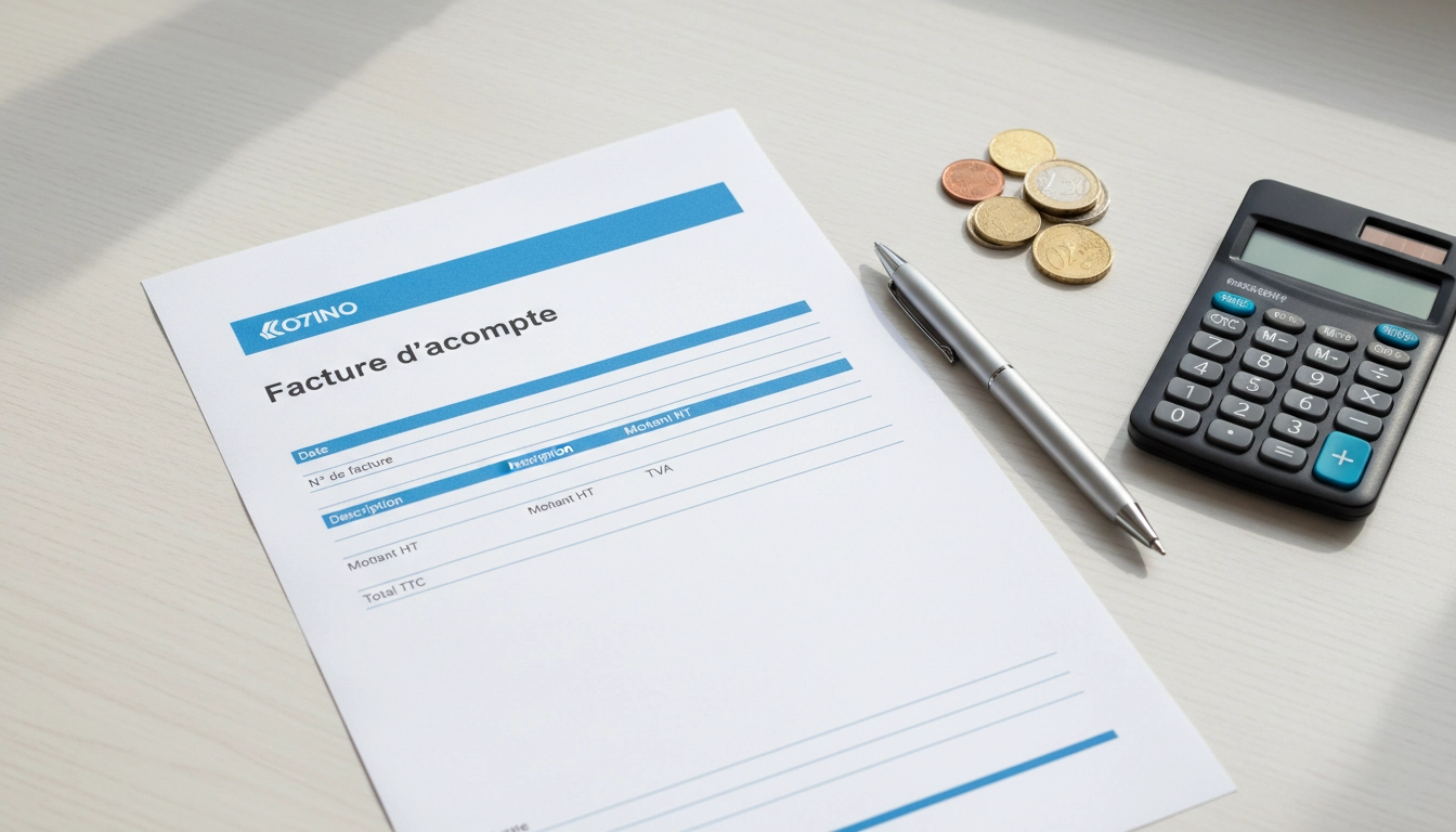 Exemple de facture d'acompte imprimée posée sur un bureau avec stylo et calculatrice