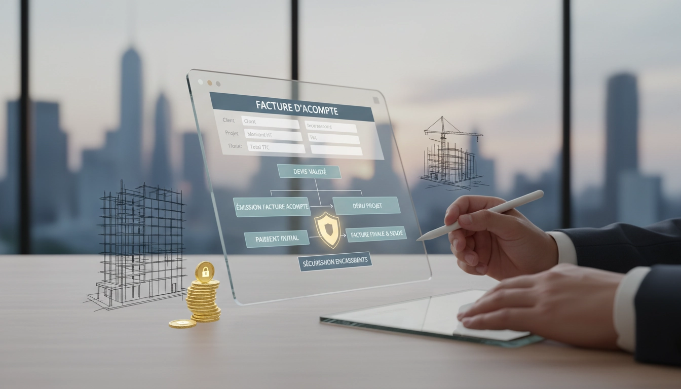 Illustration d'une facture d'acompte professionnelle avec les mentions obligatoires et un tampon de validation