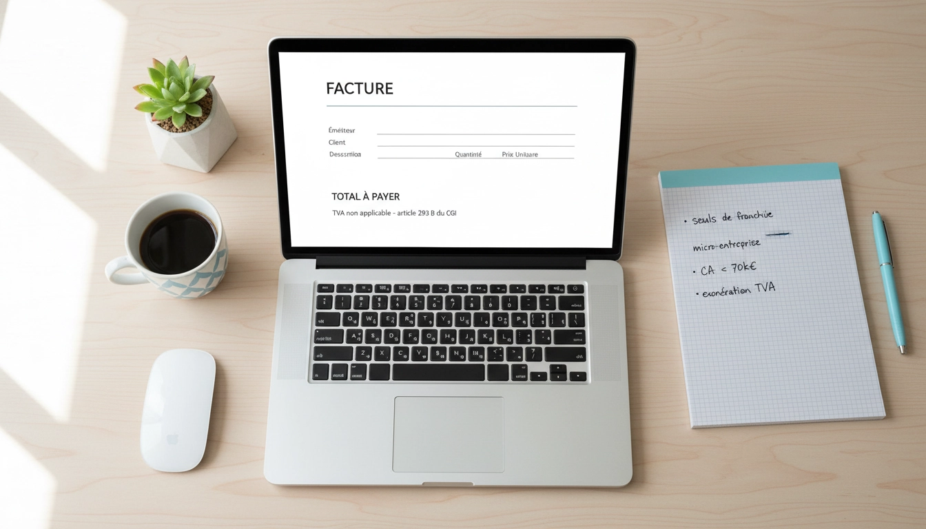 Bureau d'un auto-entrepreneur avec une facture illustrant la franchise en base de TVA et les seuils de chiffre d'affaires