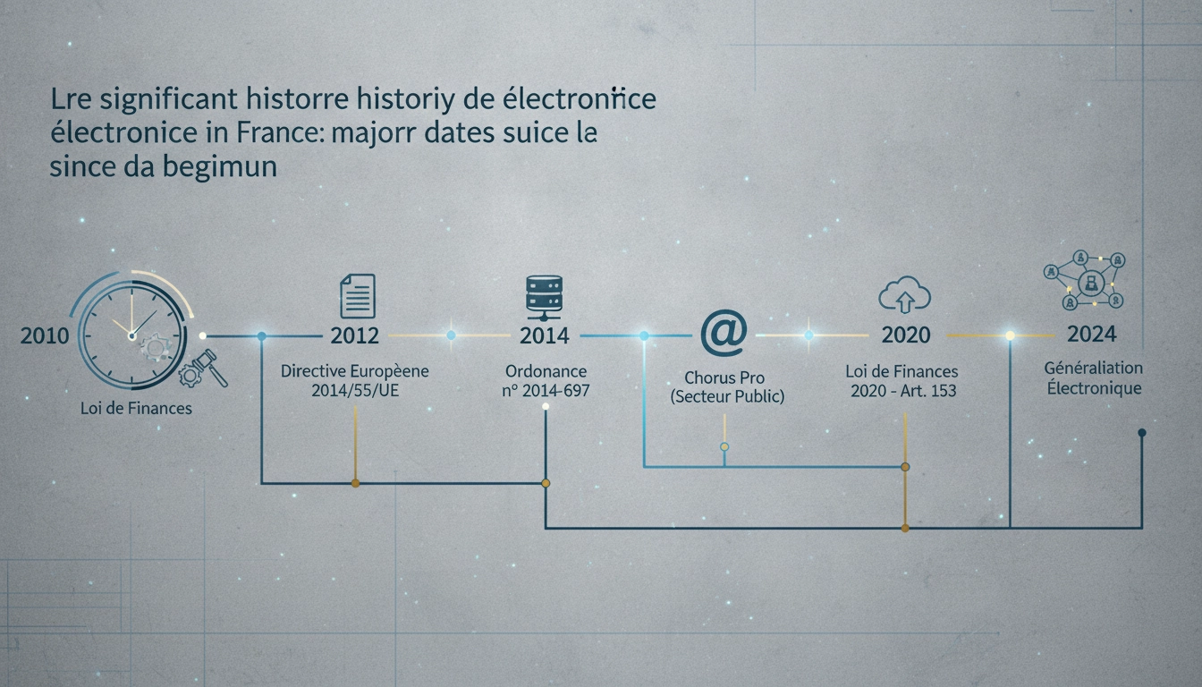 Représentation visuelle de l'historique réforme facturation électronique France grandes dates sur une frise chronologique moderne.