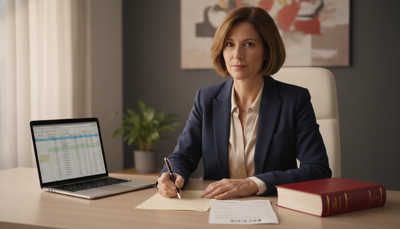 Dirigeante de TPE rédigeant une lettre de relance incluant l'indemnité forfaitaire de recouvrement