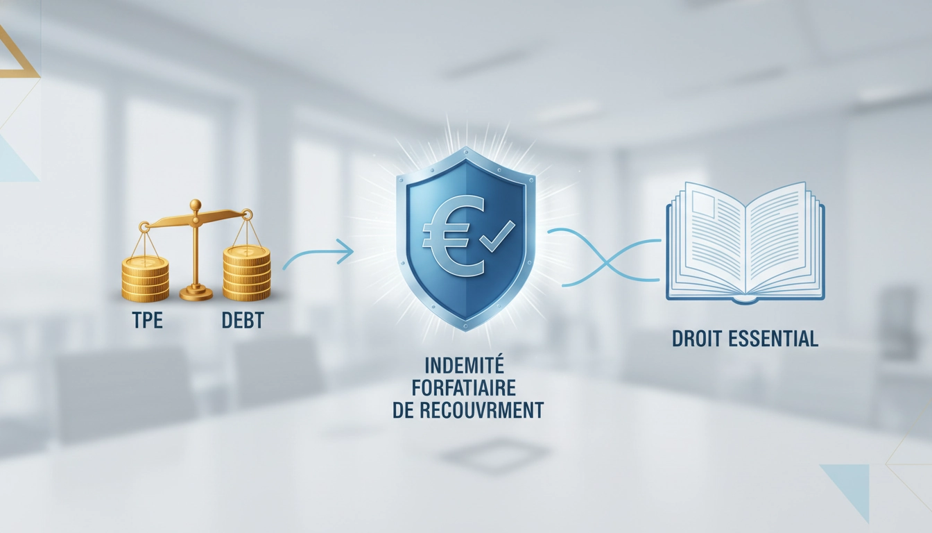 Chef d'entreprise TPE consultant un document sur l'indemnité forfaitaire de recouvrement à son bureau