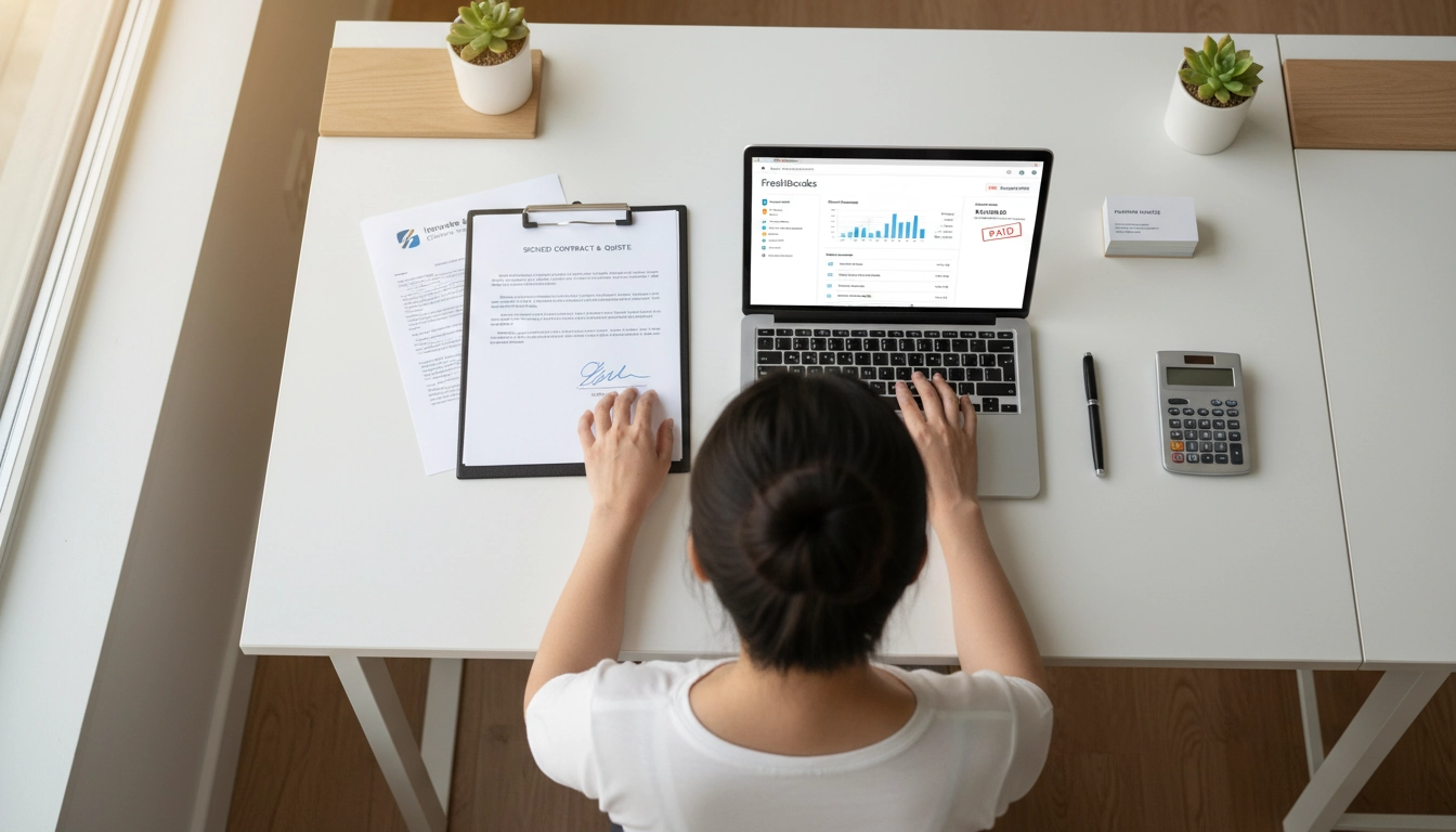 Professionnel analysant le lien acompte et devis sur son bureau avec contrat signé et logiciel de facturation