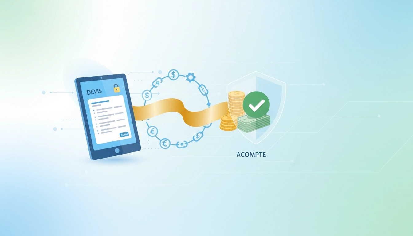 Professionnel établissant le lien acompte et devis sur son bureau avec documents et ordinateur