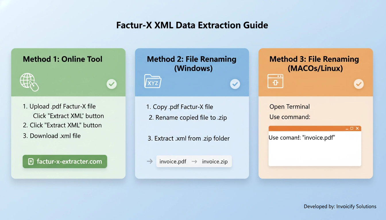 Guide visuel montrant comment lire les données XML intégrées dans une facture Factur-X sans compétences techniques, avec des étapes claires et des icônes colorées