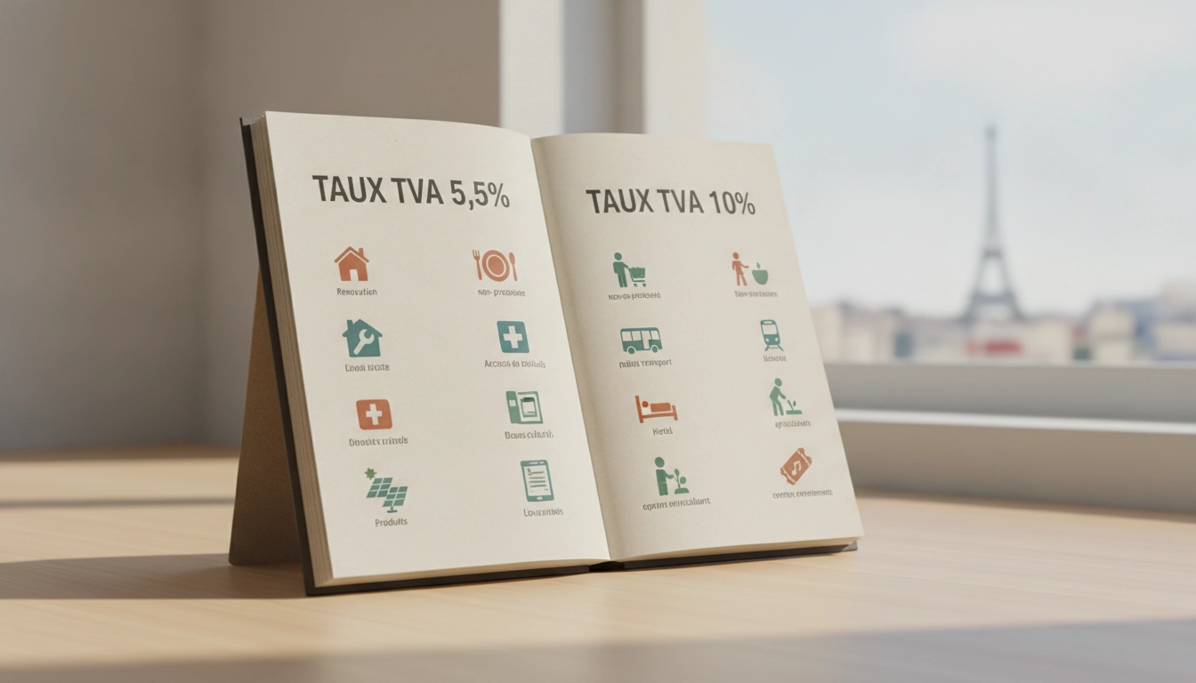 Un bureau professionnel organisé avec des documents financiers et une calculatrice pour gérer la liste produits et services éligibles TVA 5,5% 10%.