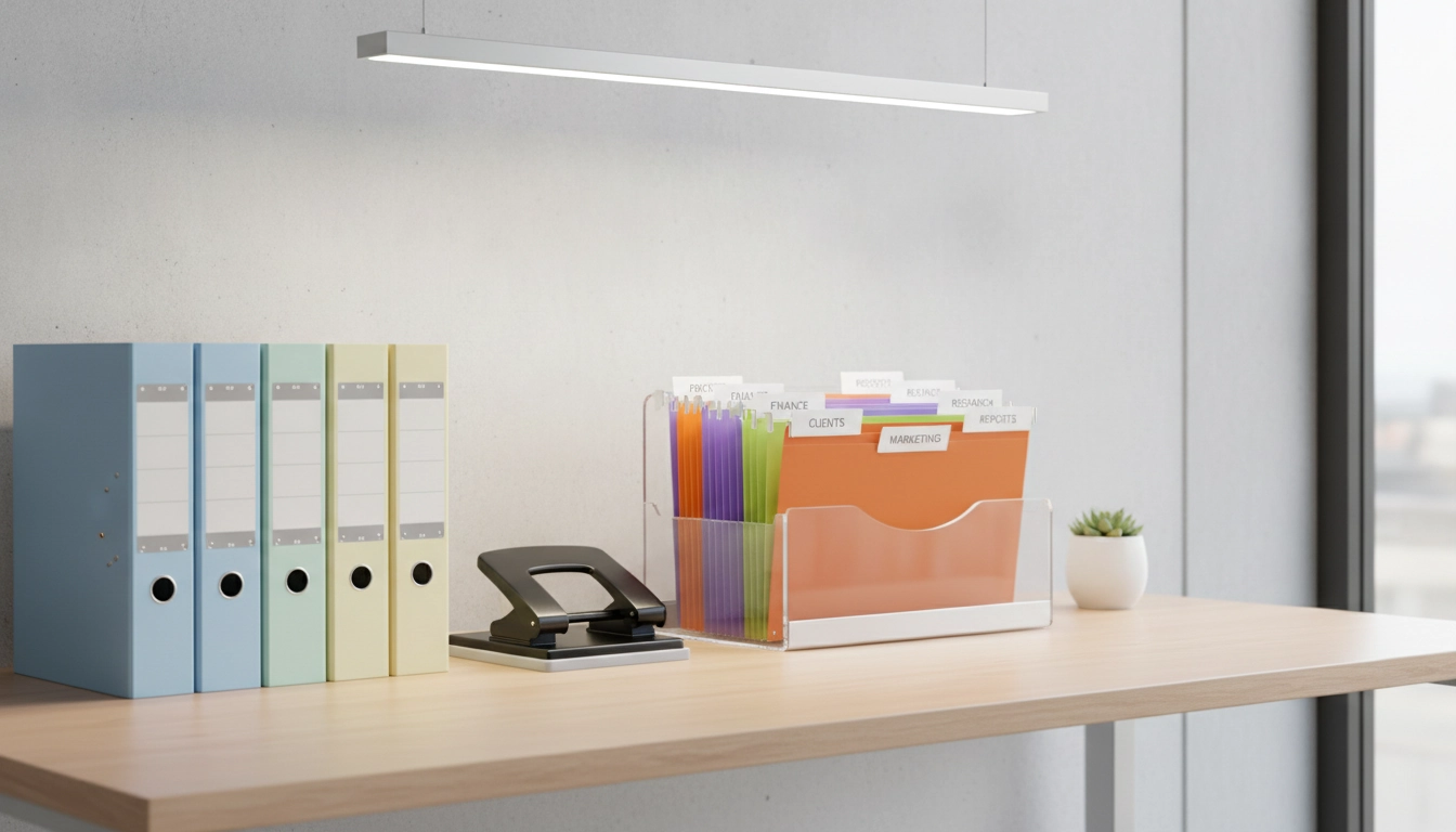 Exemple de matériel indispensable archivage papier factures petite entreprise sur un bureau