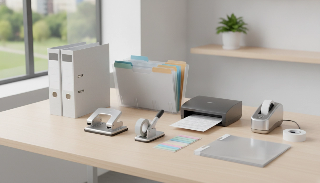 Bureau organisé avec le matériel indispensable archivage papier factures petite entreprise