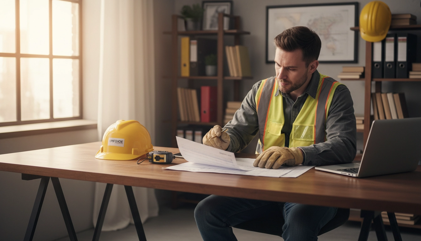 Artisan du bâtiment vérifiant la mention assurance décennale obligatoire sur sa facture avant envoi au client