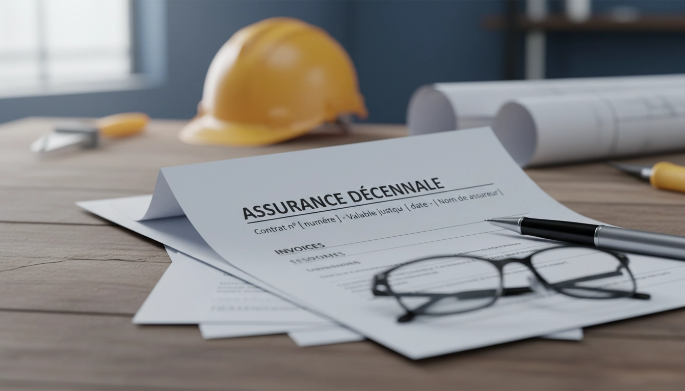 Artisan du bâtiment vérifiant la mention assurance décennale obligatoire sur sa facture