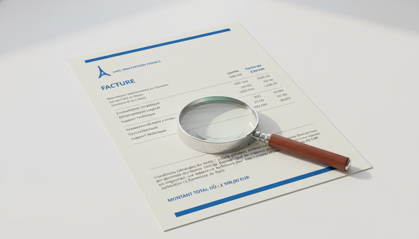 Facture professionnelle montrant la mention légale obligatoire franchise en base de TVA sur facture mise en évidence avec une loupe