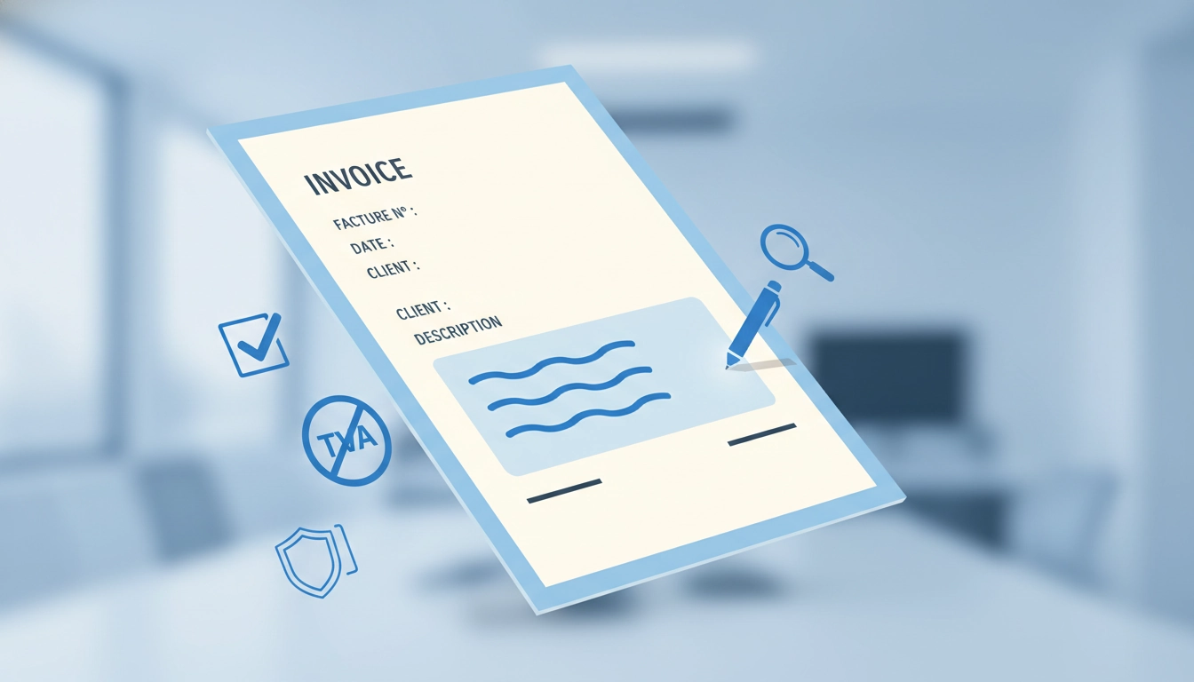 Illustration d'une facture professionnelle avec la mention légale obligatoire franchise en base de TVA sur facture clairement indiquée en bas du document