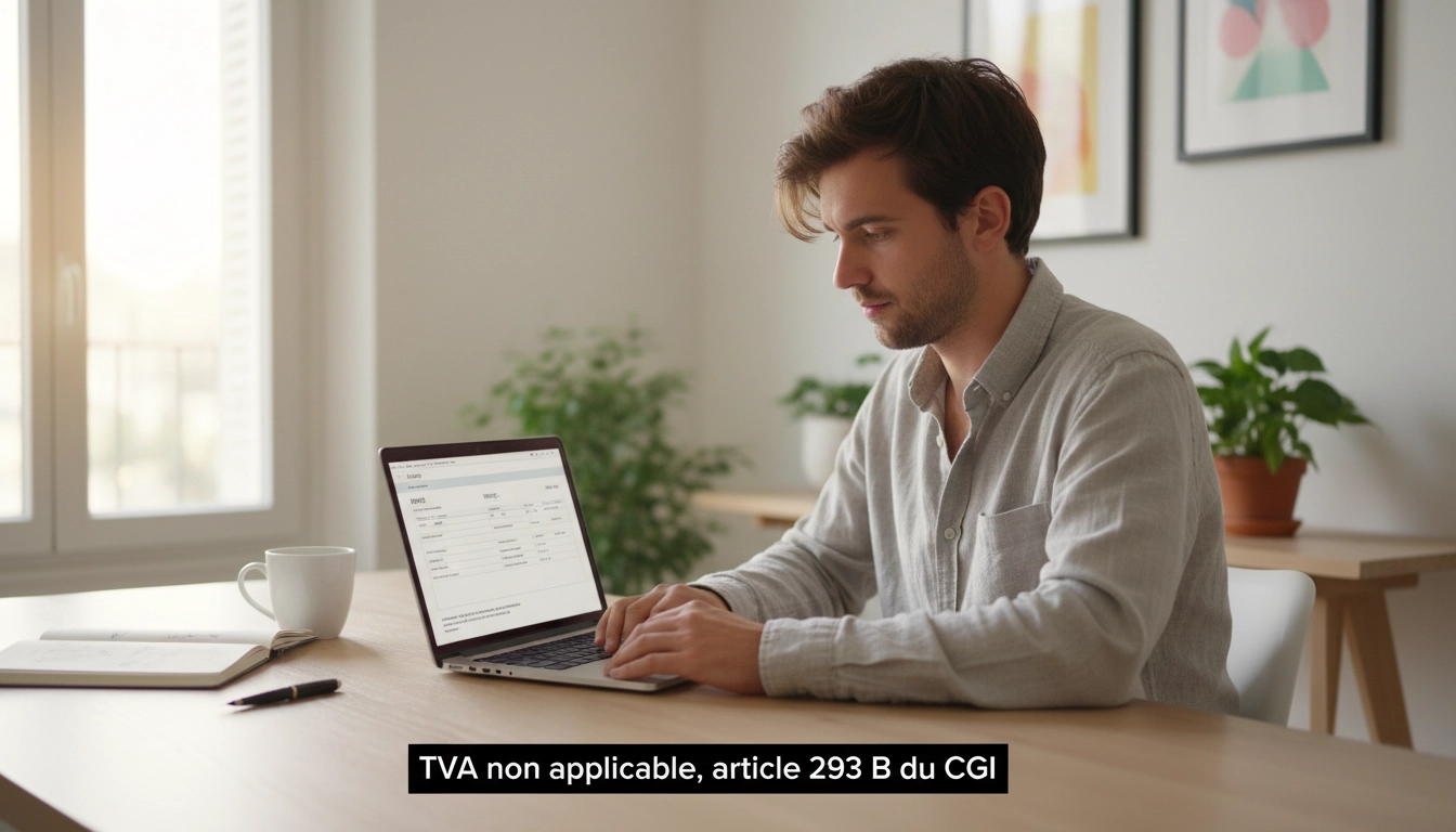Micro-entrepreneur rédigeant une facture avec la mention TVA non applicable article 293 B du CGI visible sur son écran