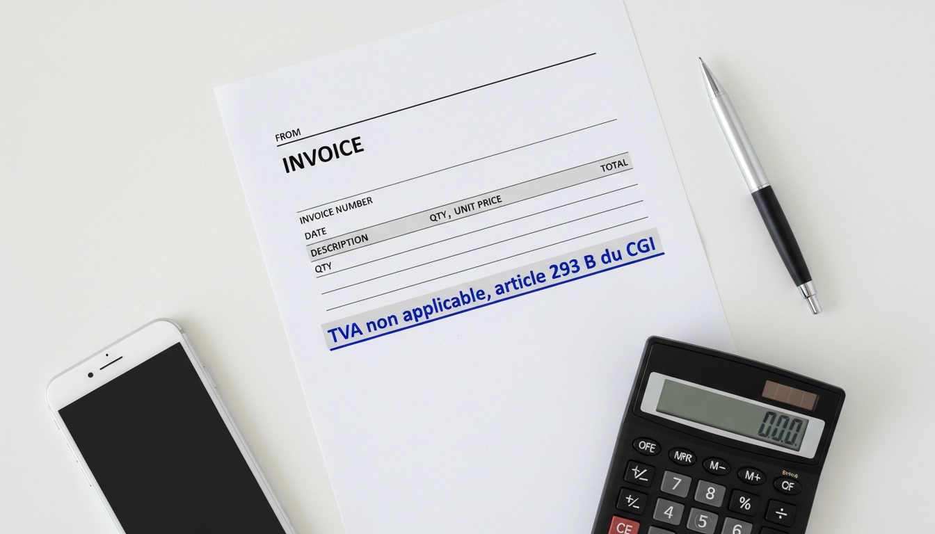 Facture professionnelle de micro-entrepreneur affichant la mention TVA non applicable article 293 B du CGI avec toutes les mentions légales obligatoires