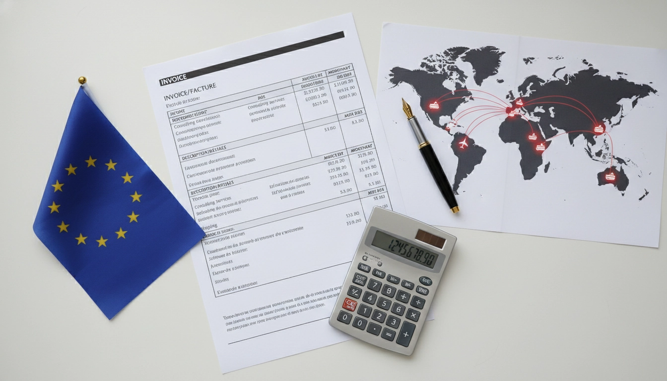 Documents illustrant les mentions facture client étranger avec carte du monde et drapeaux européens