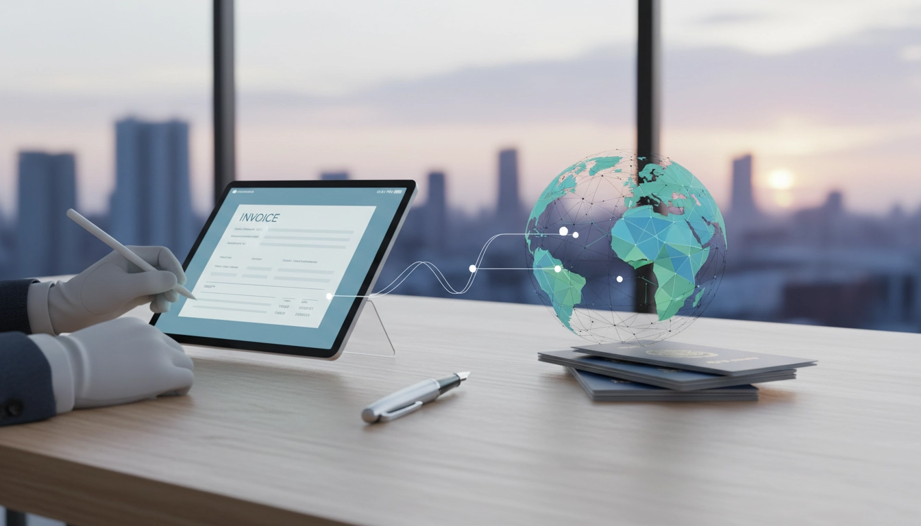 Illustration des mentions facture client étranger avec documents officiels et carte du monde