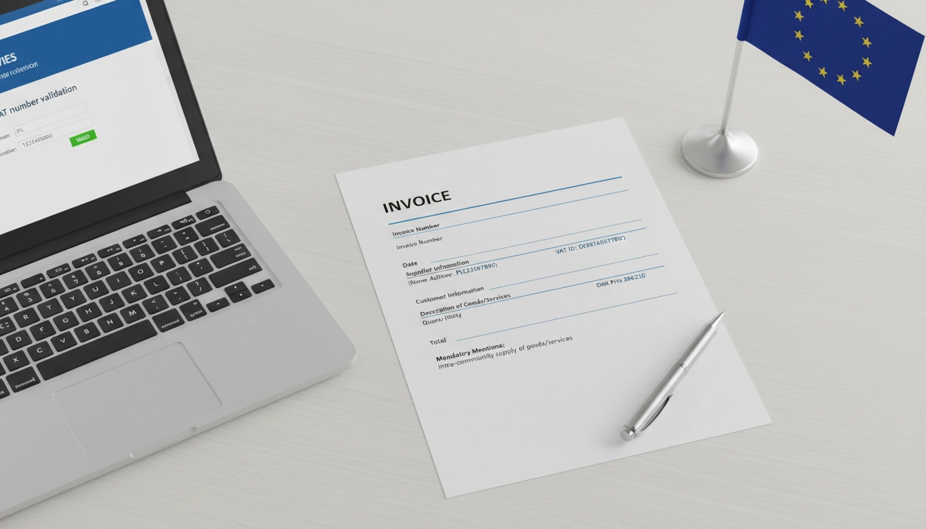 Document illustrant les mentions obligatoires facture client Union Européenne TVA intracommunautaire posé sur un bureau professionnel avec un ordinateur affichant la validation VIES