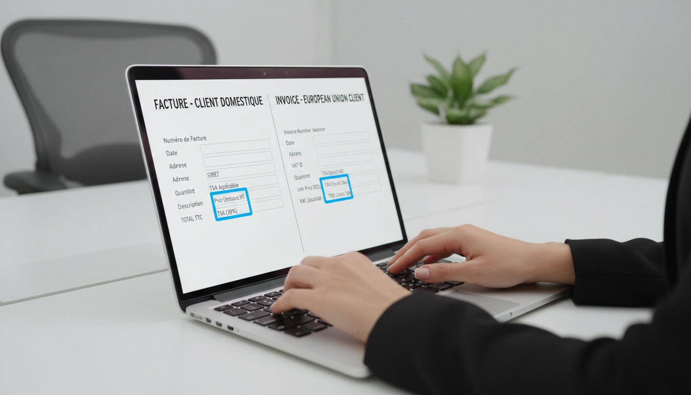 Comparaison de deux modèles de factures professionnelles pour clients nationaux et clients UE avec les mentions légales mises en évidence