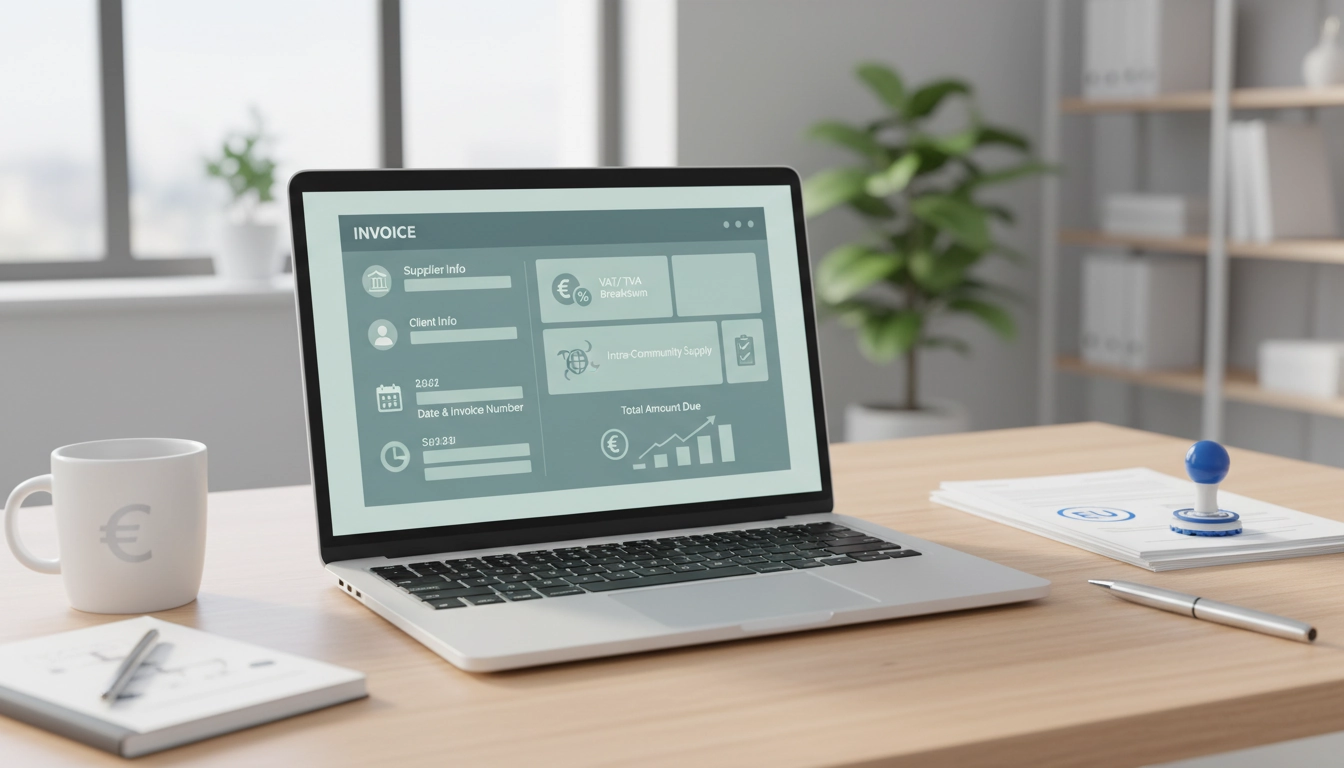Entrepreneur vérifiant les mentions obligatoires sur une facture client Union Européenne TVA intracommunautaire sur son ordinateur portable