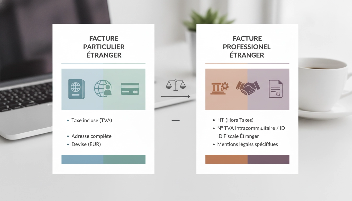 Illustration montrant la différence mentions facture client particulier étranger professionnel UE sur un bureau moderne