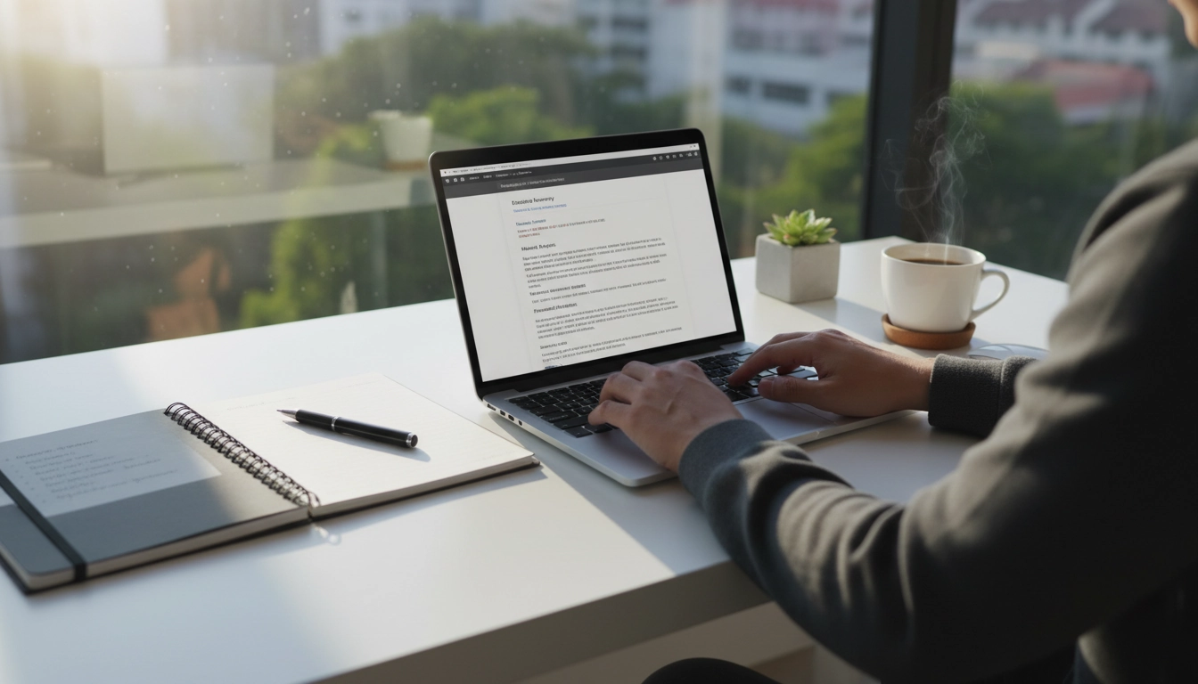 Indépendant rédigeant une proposition commerciale sur son ordinateur avec soin.