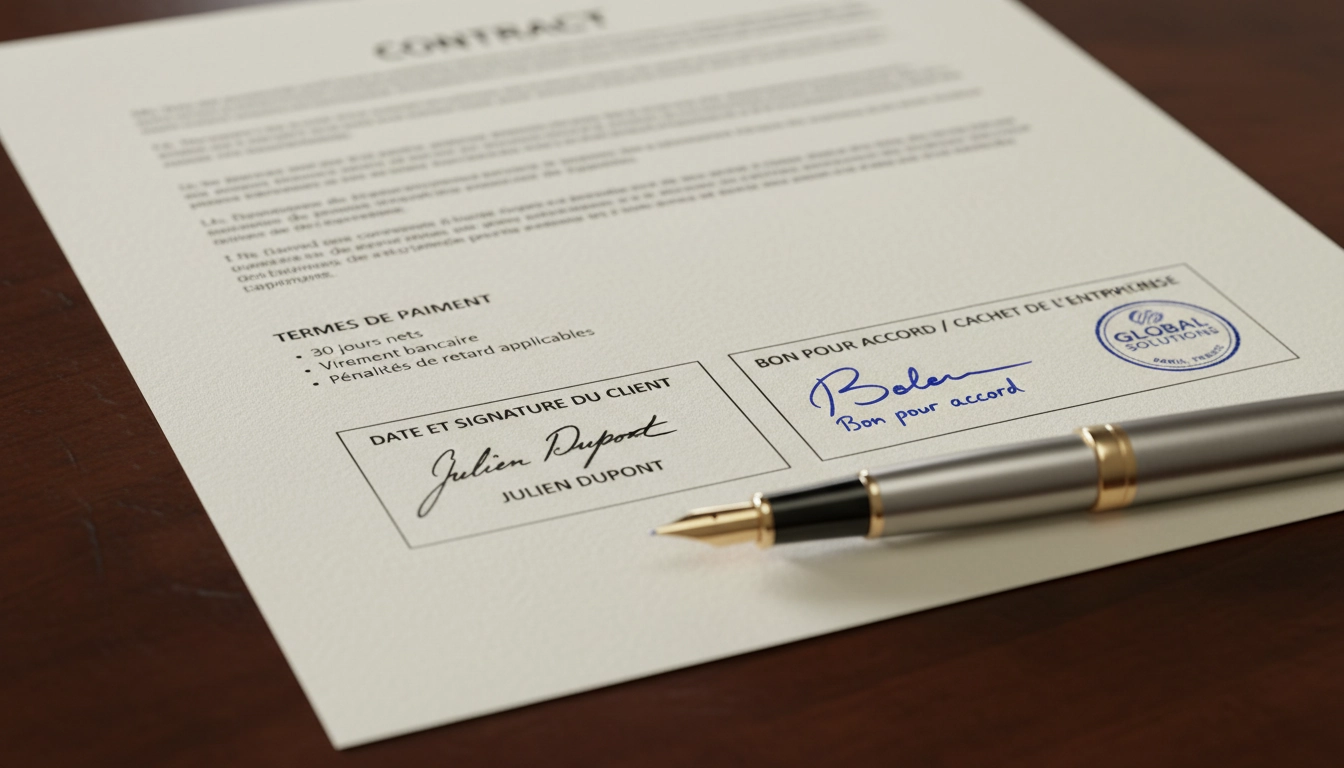 Gros plan sur la section des conditions de paiement et des mentions obligatoires devis micro-entrepreneur sans TVA avant signature.