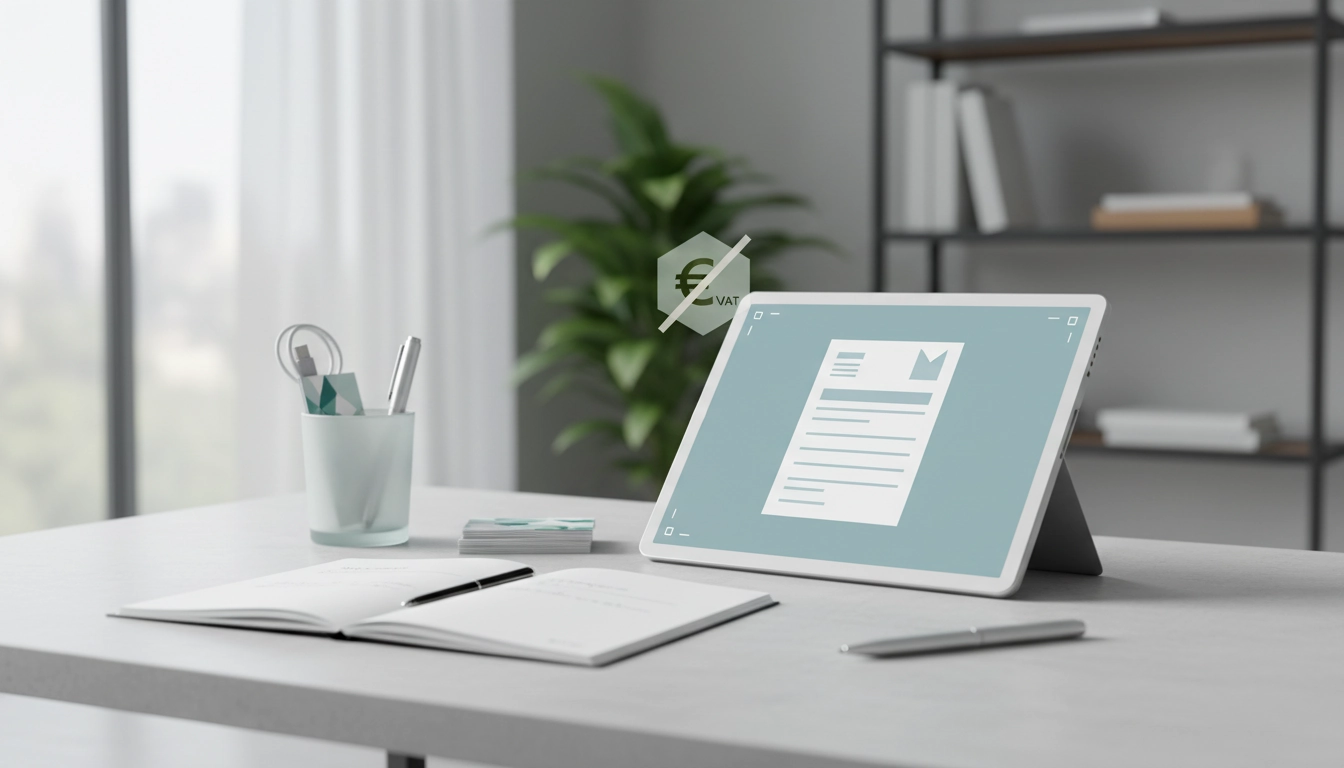 Exemple d'un document commercial listant les mentions obligatoires d'un devis pour micro-entrepreneur sans TVA posé sur un bureau en bois avec un stylo.