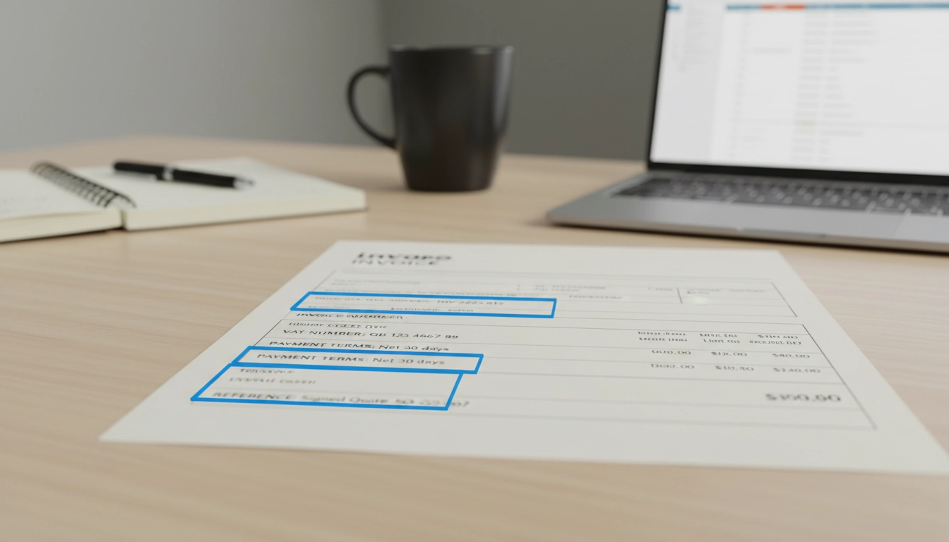 Détail d'une facture d'acompte professionnelle avec toutes les mentions légales requises après signature du devis