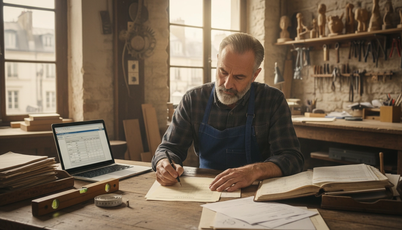 Artisan du bâtiment vérifiant les mentions obligatoires facture artisan sur son bureau d'atelier