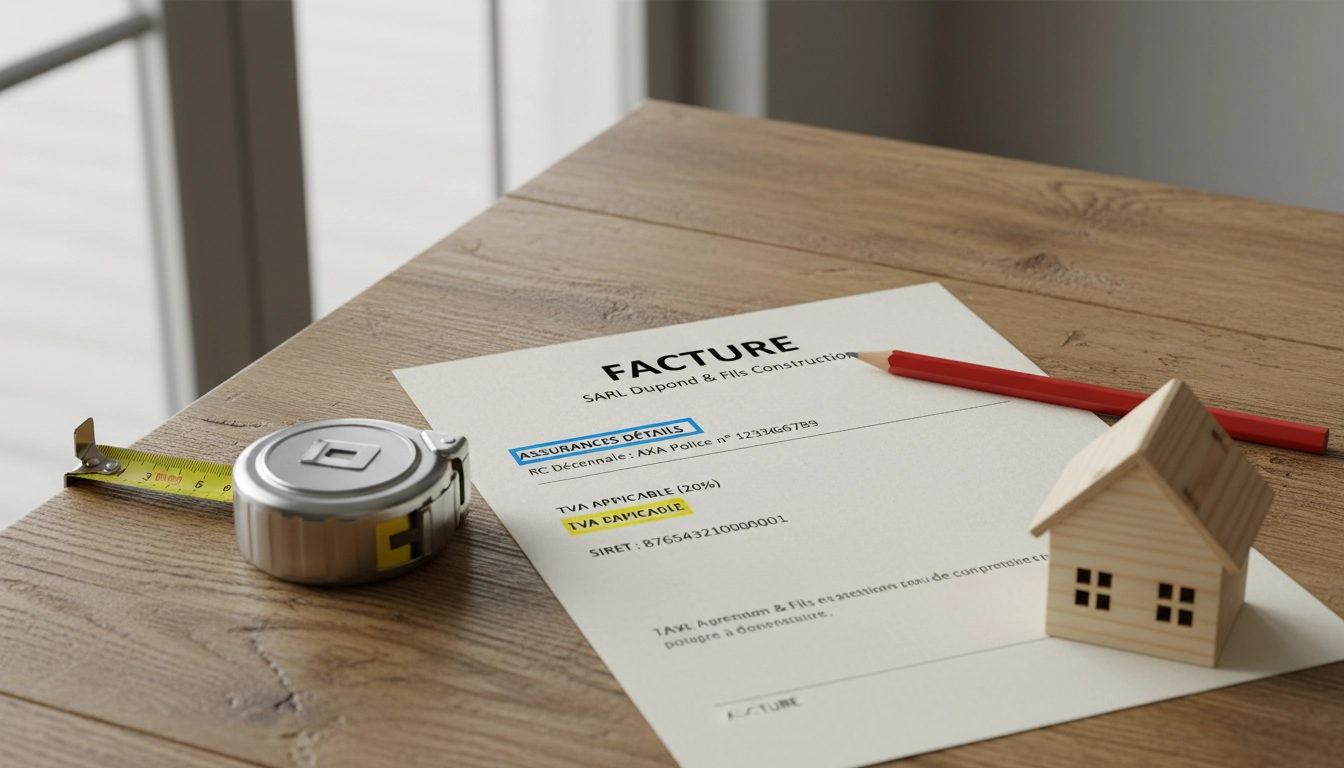 Facture d'artisan du bâtiment avec les mentions légales obligatoires surlignées, dont assurance décennale et TVA