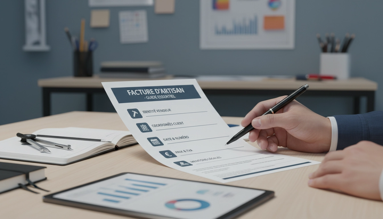 Artisan du bâtiment vérifiant les mentions obligatoires facture artisan sur son document de facturation