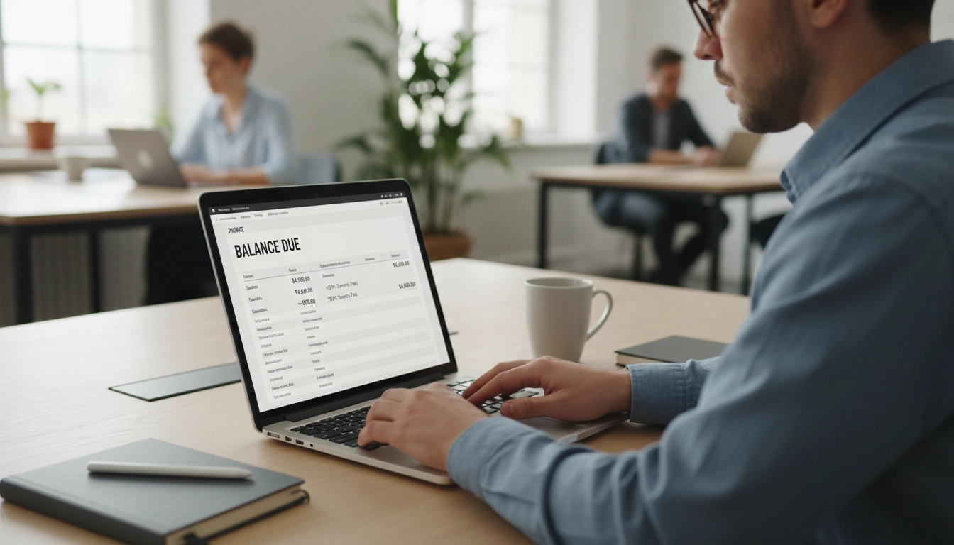 Prestataire de service vérifiant les mentions obligatoires de sa facture de solde sur un logiciel de facturation